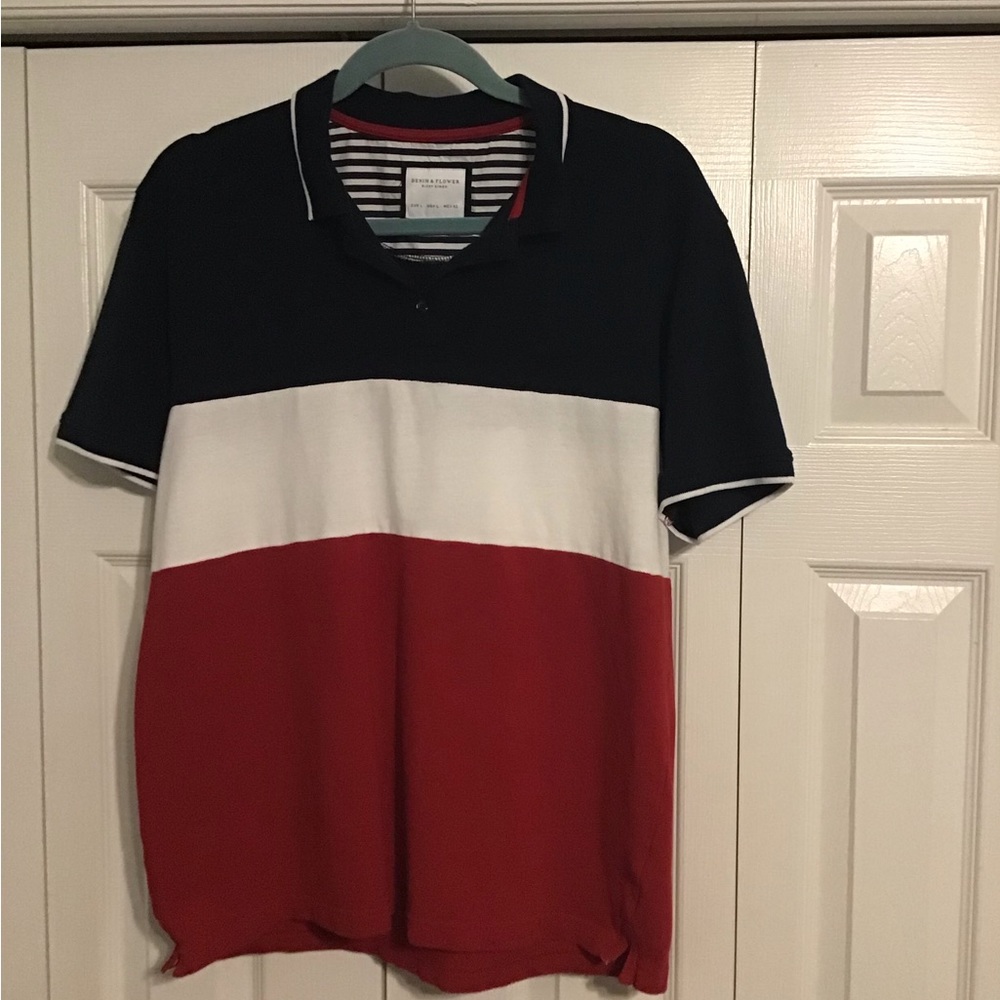 Denim & Flower Ricky Singh Red White and Blue Polo Shirt Size Large